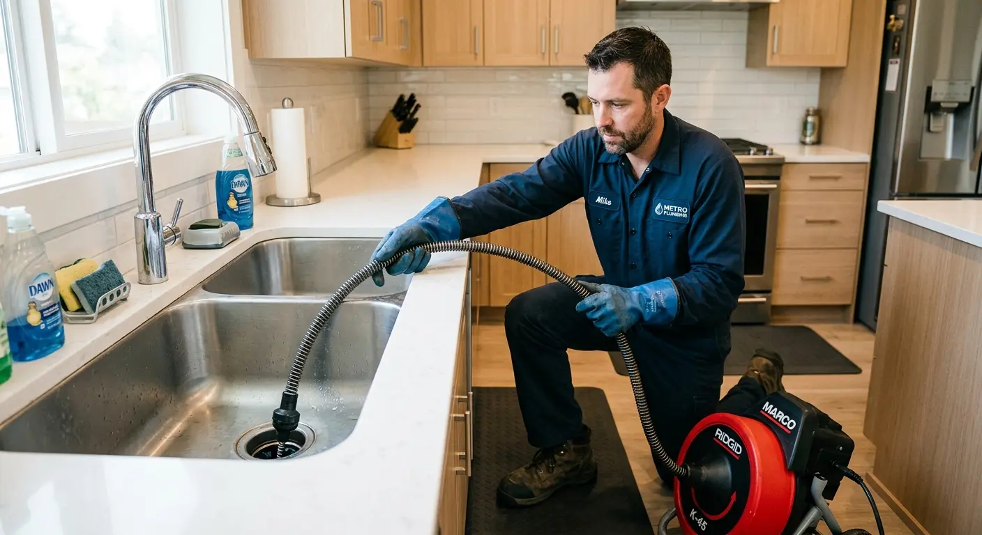 Drain cleaning technician using a motorized snake on a kitchen sink in Kearns