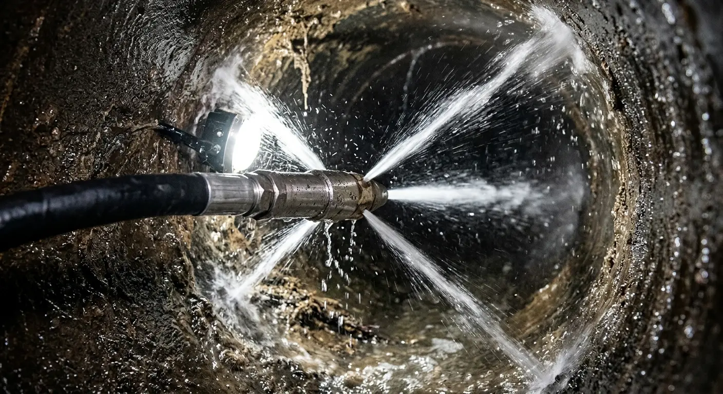 High-pressure hydro jetting nozzle cleaning sewer pipe for Emergency Drain Service in Kearns