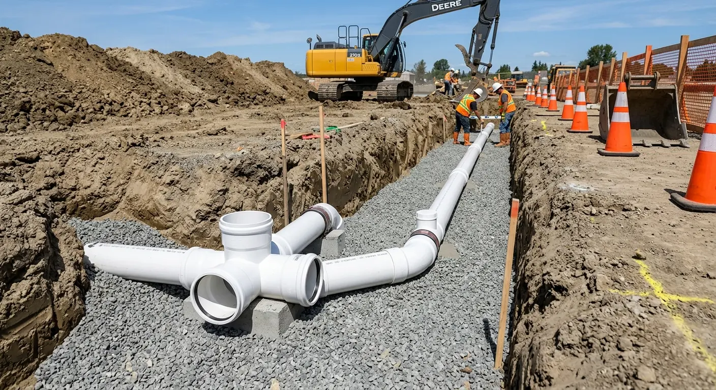 New PVC sewer pipe installation in open trench for Sewer Camera Inspection in Kearns
