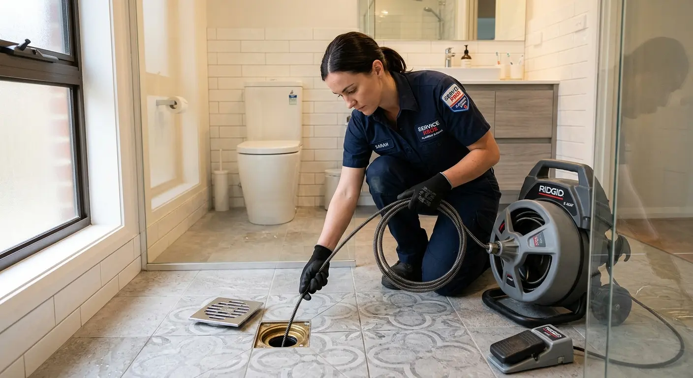 Technician clearing a bathroom floor drain for Drain Repair in Kearns